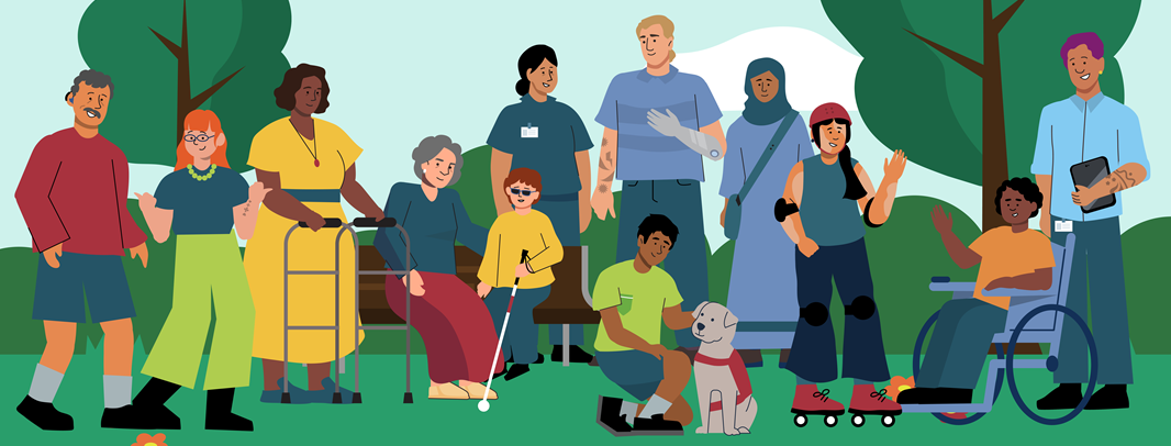 A group of people with disability and their carers are in a park. They are all different ages and genders. Some are using mobility aids. One person has a support dog.